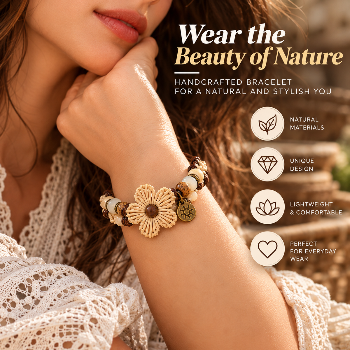 Boho Wooden Bead Bracelet – Handmade Rattan Flower Bracelet with Natural Charm