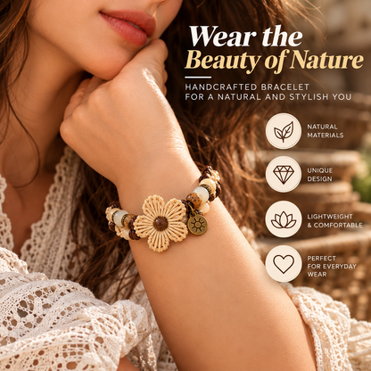 Boho Wooden Bead Bracelet – Handmade Rattan Flower Bracelet with Natural Charm