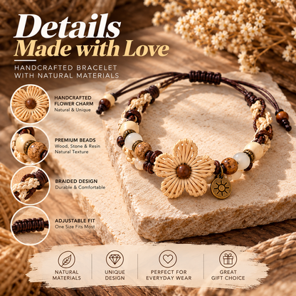 Boho Wooden Bead Bracelet – Handmade Rattan Flower Bracelet with Natural Charm