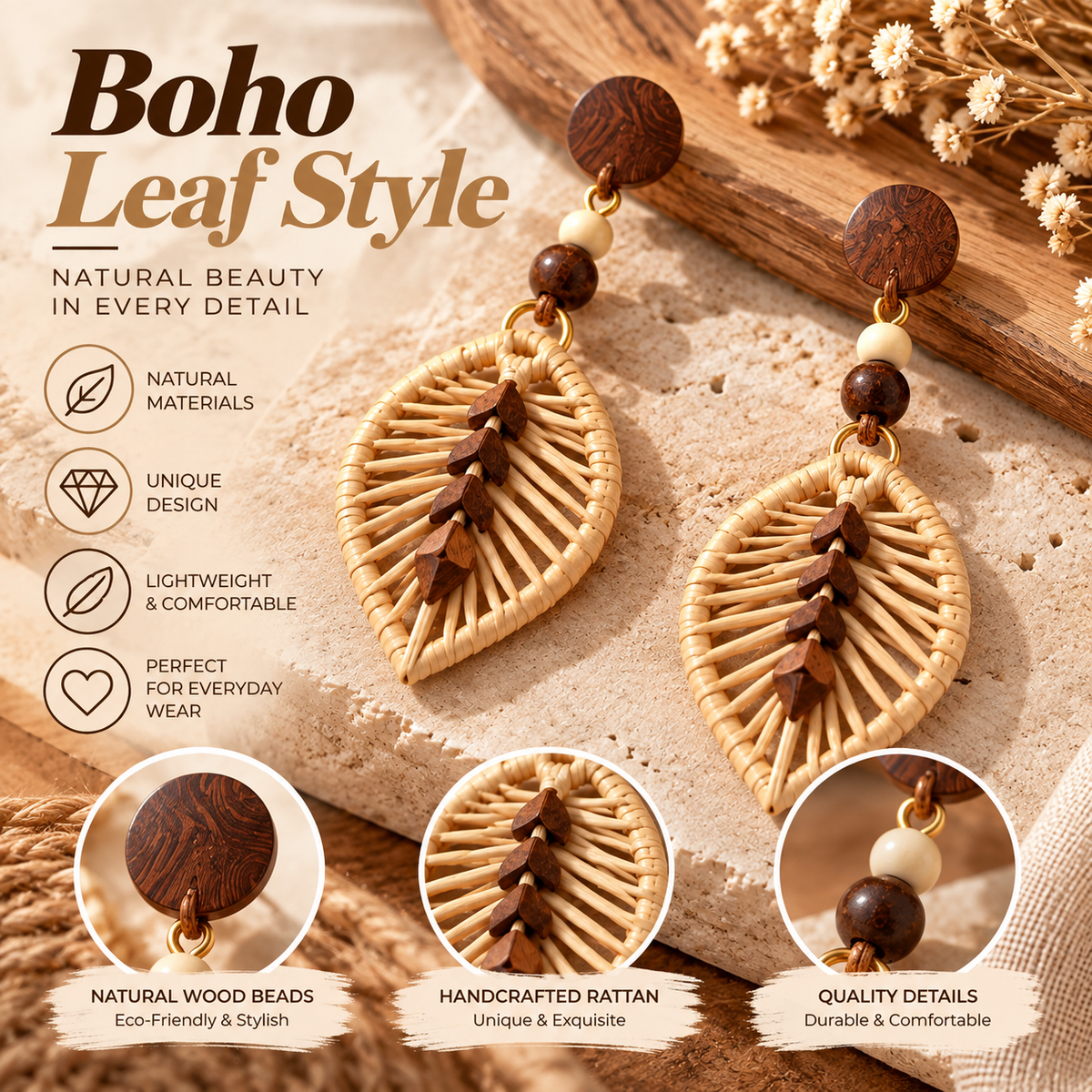 Boho Rattan Leaf Earrings – Handmade Wooden Drop Earrings with Natural Style