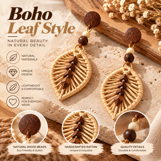 Boho Rattan Leaf Earrings – Handmade Wooden Drop Earrings with Natural Style