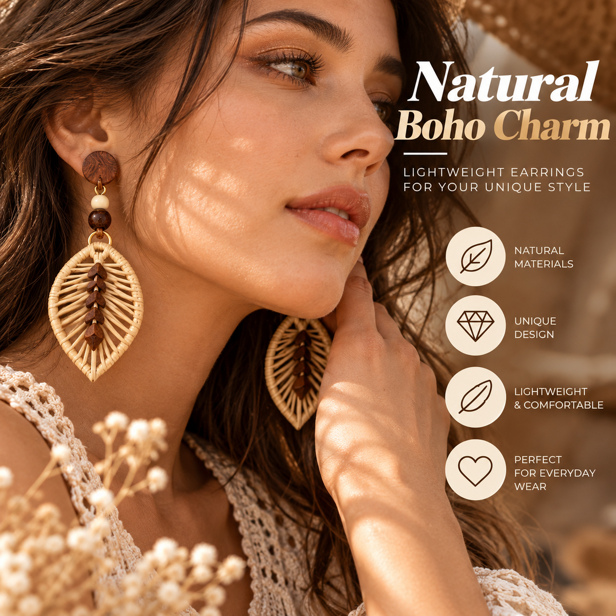 Boho Rattan Leaf Earrings – Handmade Wooden Drop Earrings with Natural Style