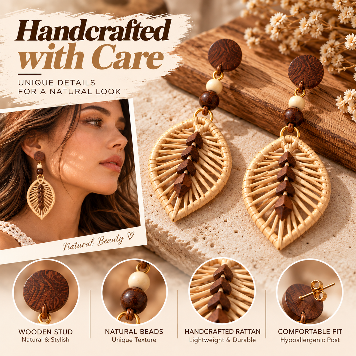 Boho Rattan Leaf Earrings – Handmade Wooden Drop Earrings with Natural Style