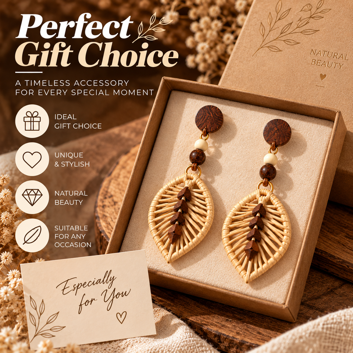 Boho Rattan Leaf Earrings – Handmade Wooden Drop Earrings with Natural Style