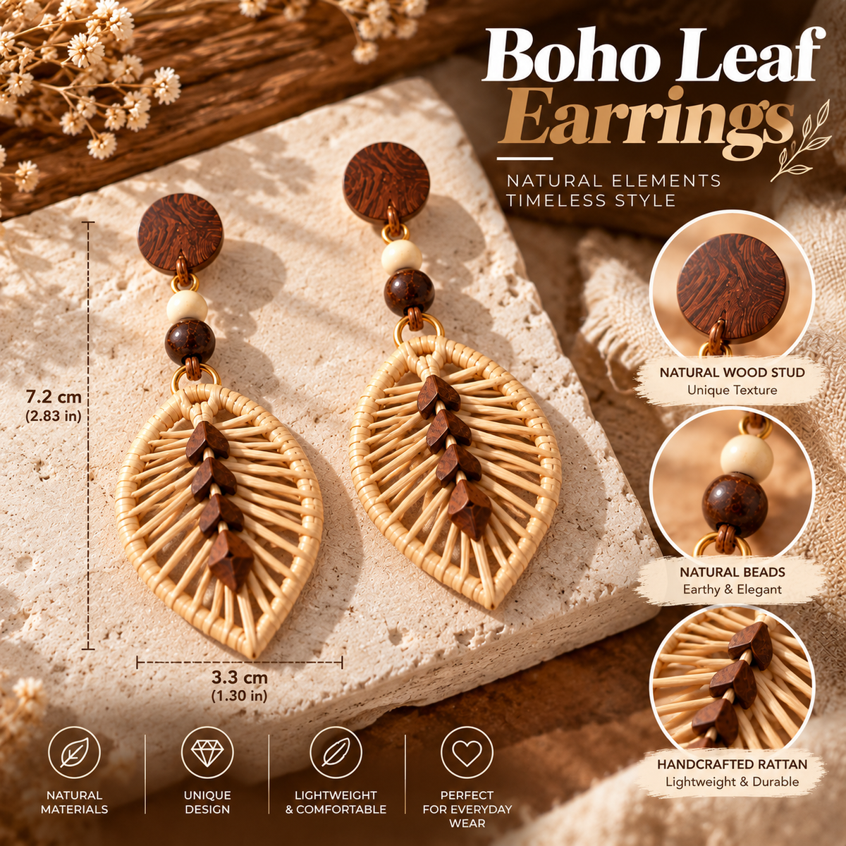 Boho Rattan Leaf Earrings – Handmade Wooden Drop Earrings with Natural Style
