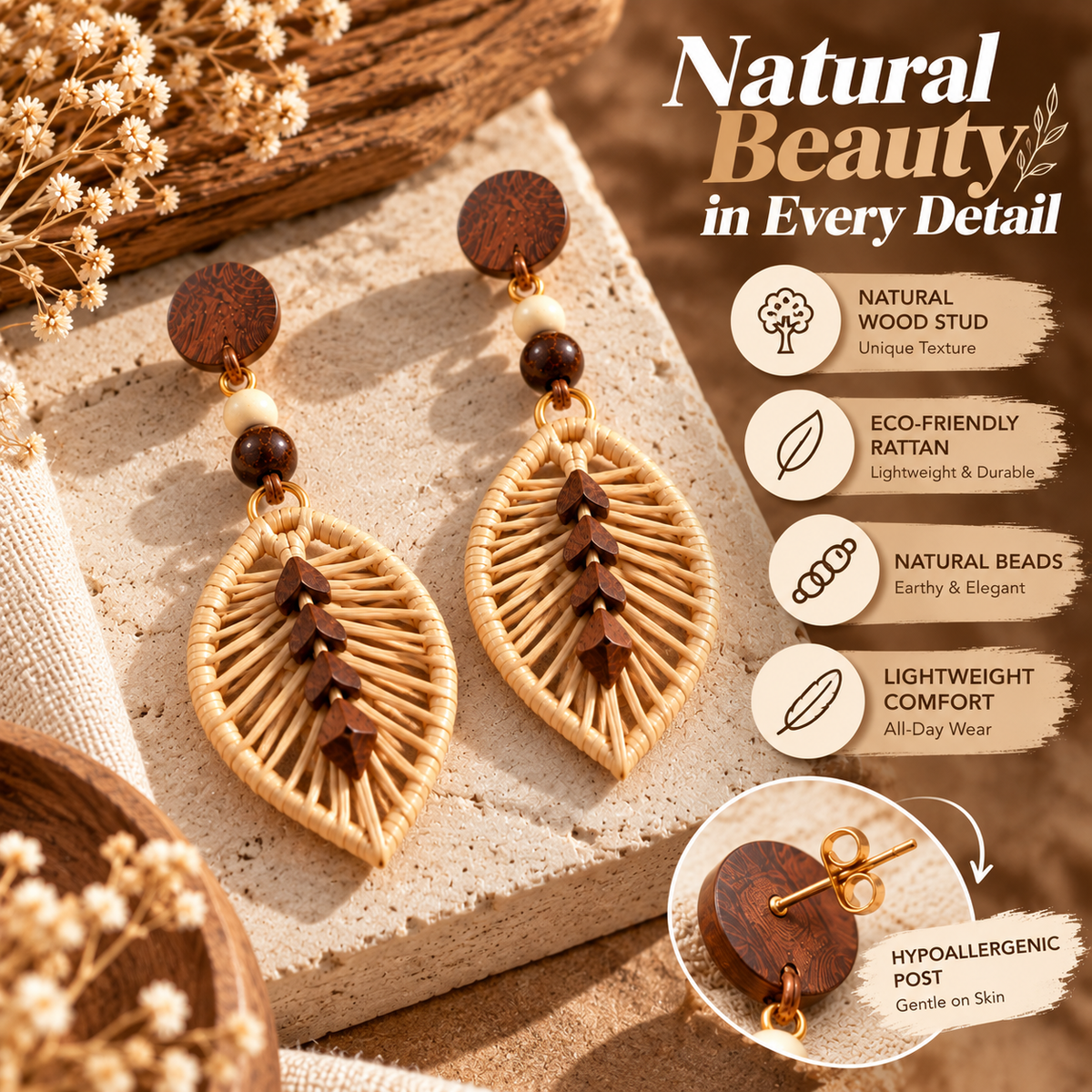 Boho Rattan Leaf Earrings – Handmade Wooden Drop Earrings with Natural Style