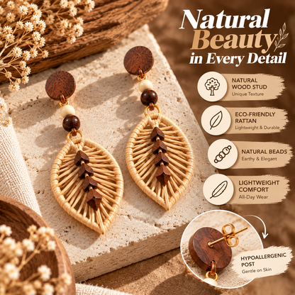 Boho Rattan Leaf Earrings – Handmade Wooden Drop Earrings with Natural Style
