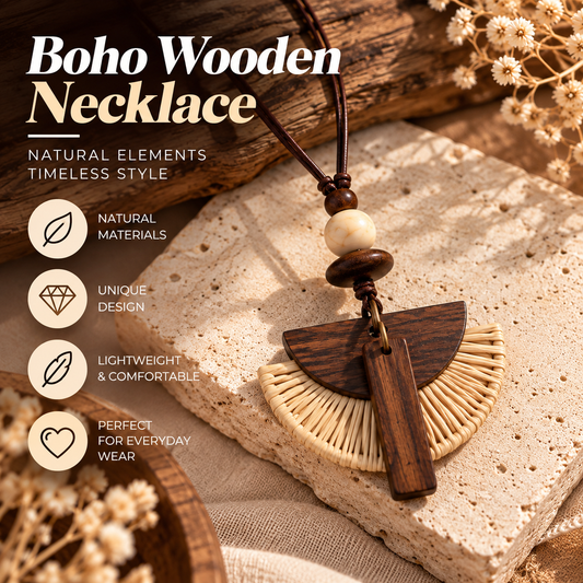 Boho Wooden Necklace – Handmade Rattan Pendant Necklace with Natural Style