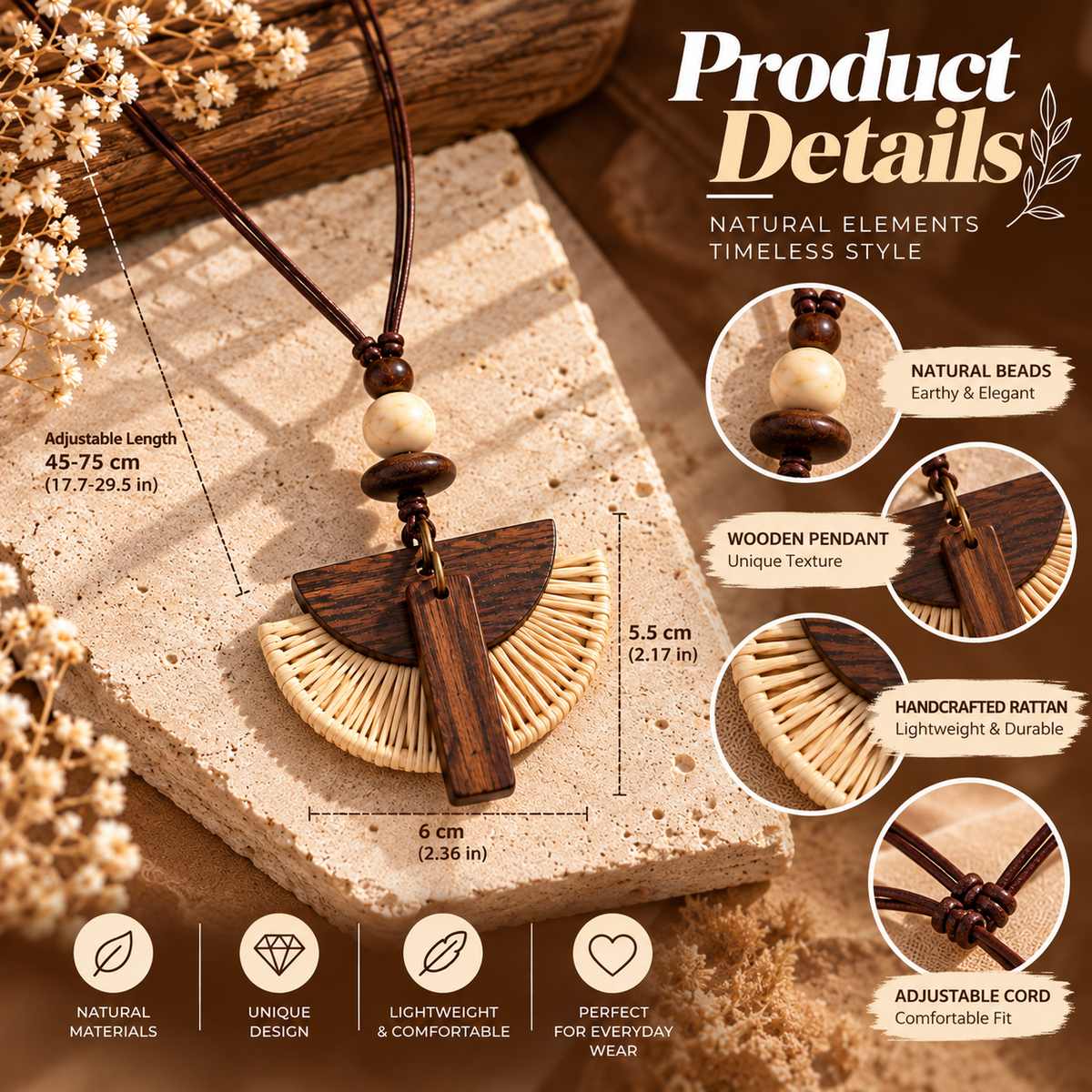 Boho Wooden Necklace – Handmade Rattan Pendant Necklace with Natural Style