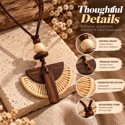 Boho Wooden Necklace – Handmade Rattan Pendant Necklace with Natural Style