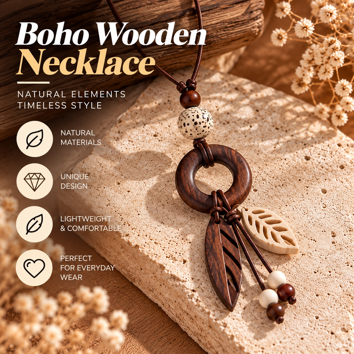 Boho Wooden Necklace – Handmade Leaf Pendant Necklace with Natural Bead Design