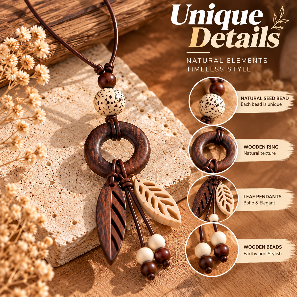Boho Wooden Necklace – Handmade Leaf Pendant Necklace with Natural Bead Design