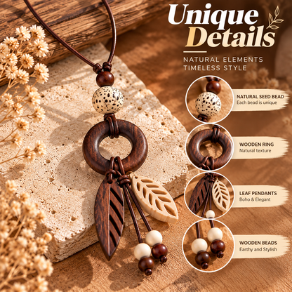Boho Wooden Necklace – Handmade Leaf Pendant Necklace with Natural Bead Design