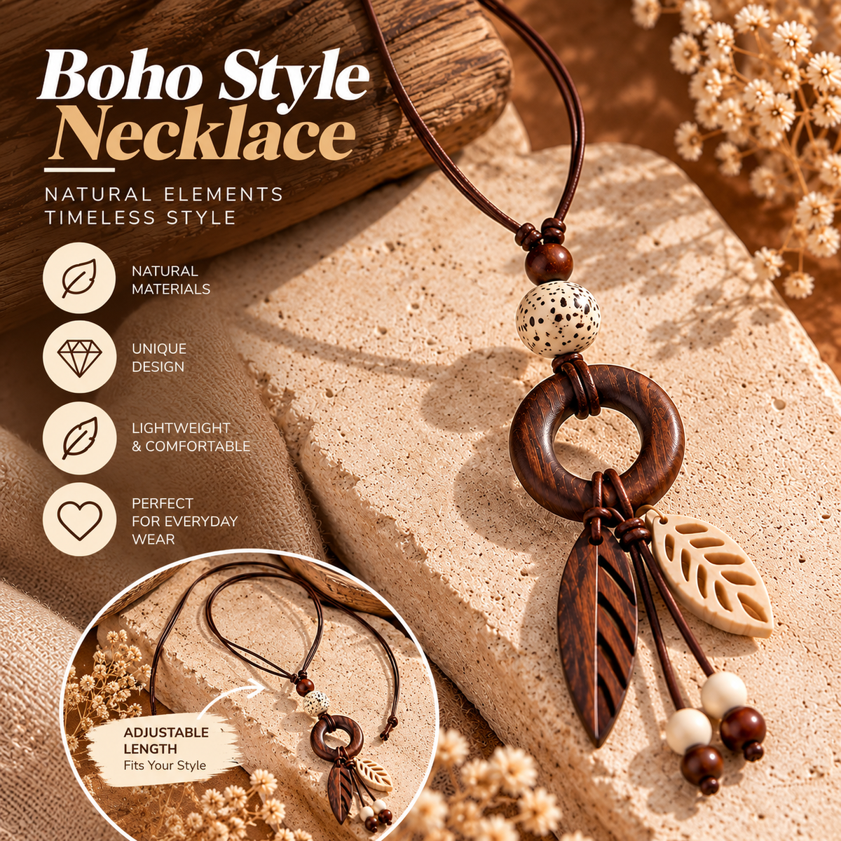 Boho Wooden Necklace – Handmade Leaf Pendant Necklace with Natural Bead Design