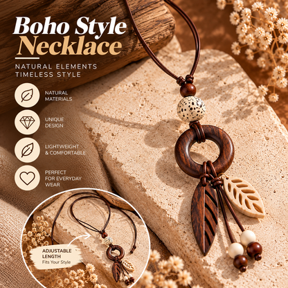 Boho Wooden Necklace – Handmade Leaf Pendant Necklace with Natural Bead Design