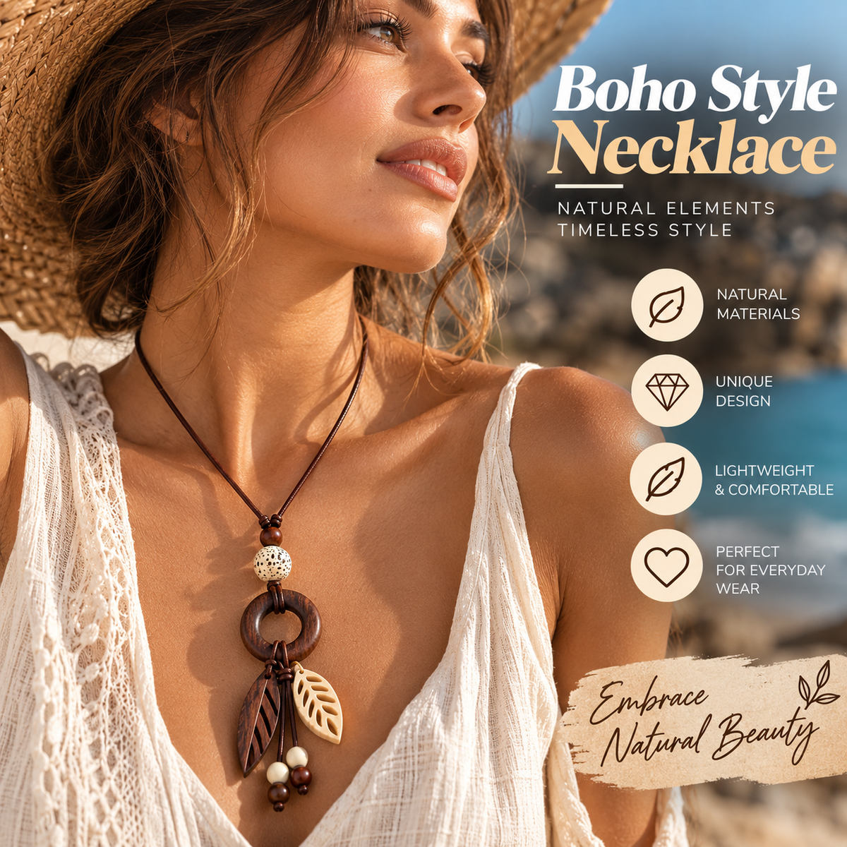 Boho Wooden Necklace – Handmade Leaf Pendant Necklace with Natural Bead Design