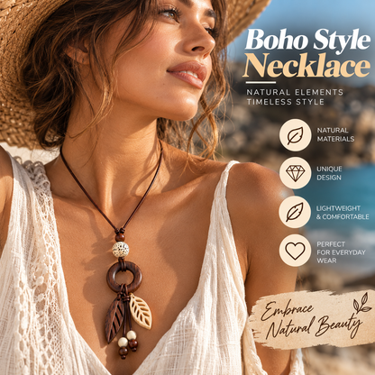 Boho Wooden Necklace – Handmade Leaf Pendant Necklace with Natural Bead Design