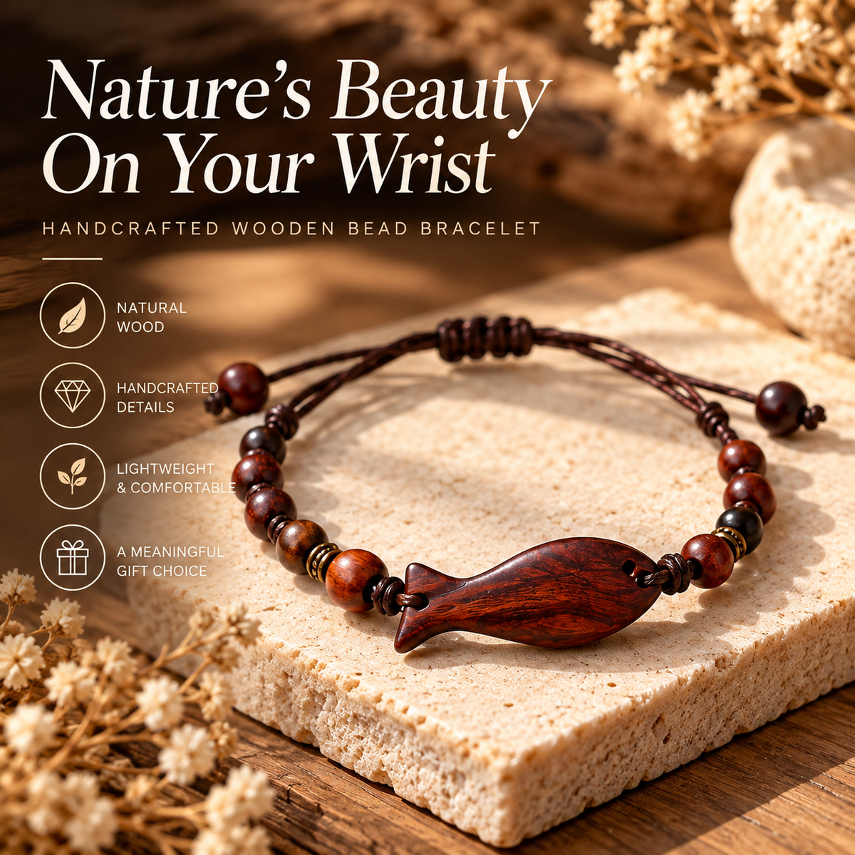 Handcrafted Wooden Fish Bracelet – Natural Wood Bead Bracelet with Boho Style